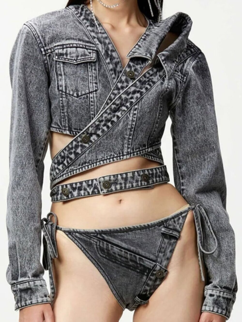 Strappy Irregular Hem Denim Jacket BLUE